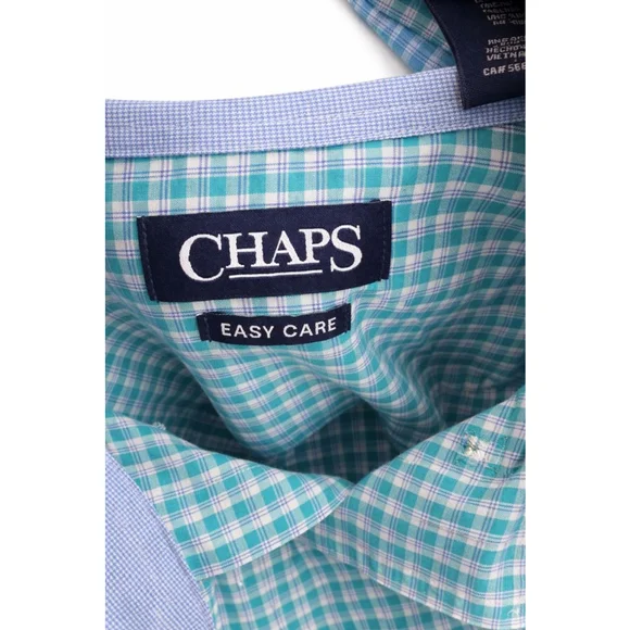 Chaps Men’s XXL Short Sleeve Button Down Shirt Blue Green Check Cotton Blend 2XL - Picture 3 of 6
